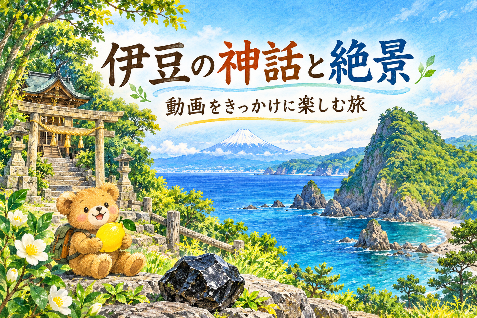 富士山と伊豆の青い海、海辺の山と神社、黒曜石、レモンを持つテディベアを描いた「伊豆の神話と絶景」の色鉛筆風イメージ画像