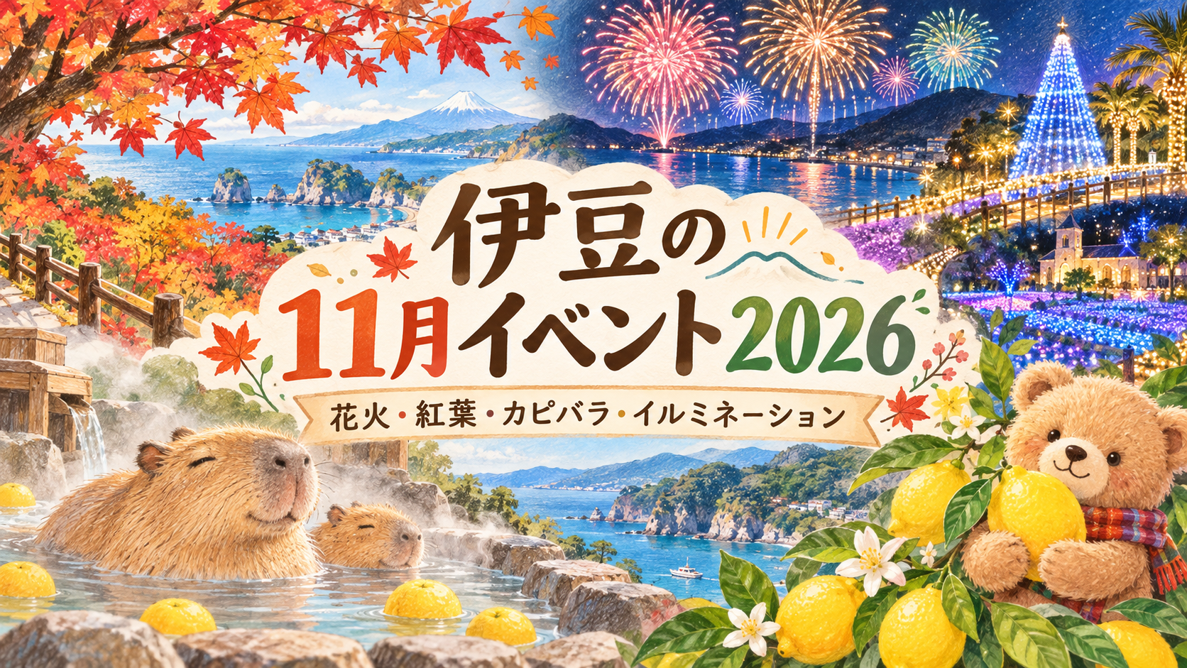 紅葉や花火、イルミネーション、カピバラの露天風呂、レモンを持つテディベアを描いた『伊豆の11月イベント2026』の色鉛筆風アイキャッチ画像